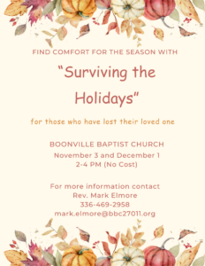 SURVIVING THE HOLIDAYS FOR WIDOWS & WIDOWERS @ Boonville Baptist Church